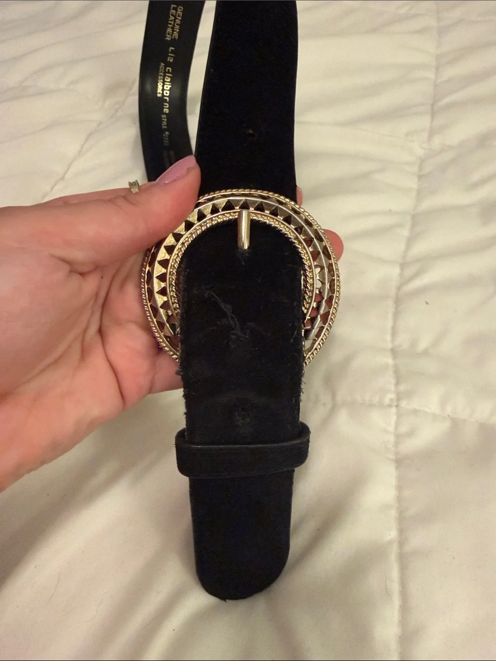 Liz Claiborne Black Velvet Belt with Gold Decorative Round Buckle